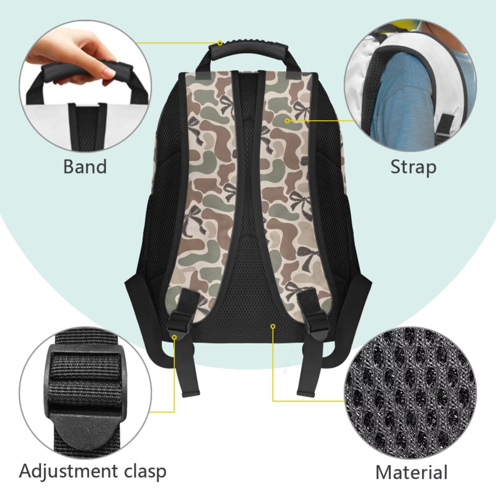 Binienty Camo Bow Middle School Girls Backpack Set Zipper School Book Bag Lunch Bag Reusable Cute Pencil Case For Girls Bookmarks Children School Supplies