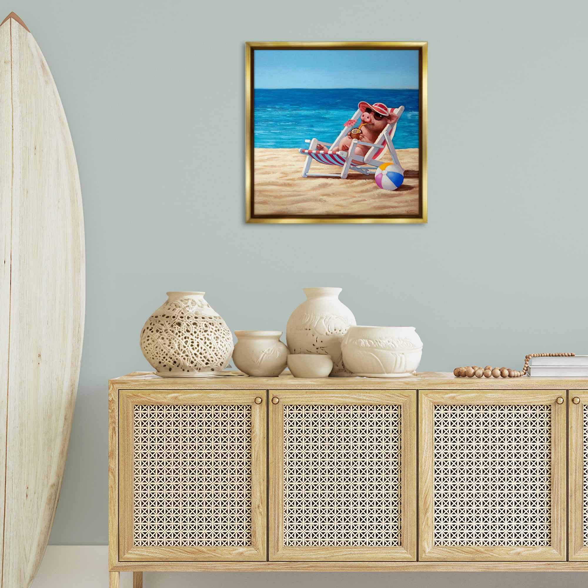 Stupell Industries Pig with Beach Cocktail Novelty Painting Gold Floater Framed Canvas Art Print Wall Art, 25 x 25