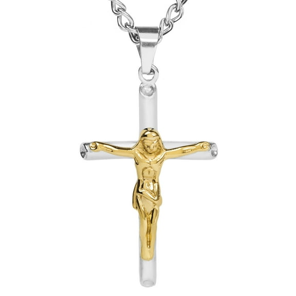 West Coast Jewelry Men's Two Tone Stainless Steel Crucifix Cross Necklace