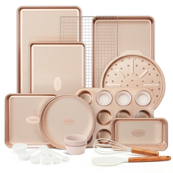 HONGBAKE 28-Piece Bakeware Set, Nonstick Baking Pans with Cookie Sheet & Rack, Cake Pan, Muffin Pan, Pizza Pan, Loaf Pan, Gold