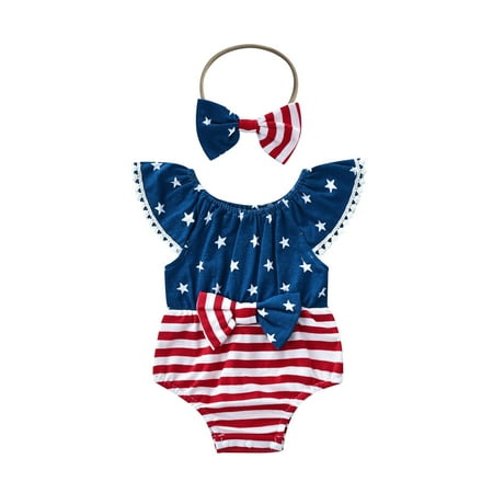 

Bebiullo 4th of July Newborn Infant Baby Girl Independence Day Outfits Summer Bodysuit Off Shoulder Striped Printed Jumpsuit Blue