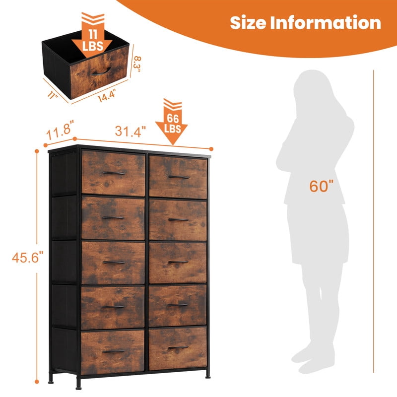 EDX 10-Drawers Dresser, Sturdy Fabric Organizer for Living Room, Hallway, Black-Brwon