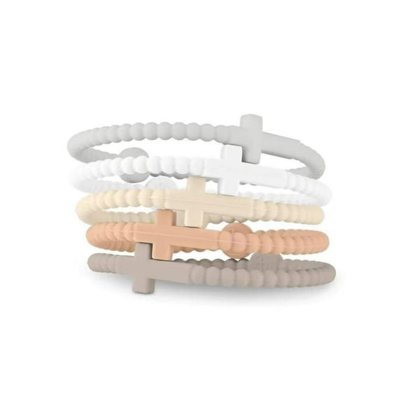 Silicone Cross Bracelet Neutral 5 Pack Bulk White, Tan, Light Brown, Gray Stretchable Church Women Teenagers Boutique Jesus Trendy