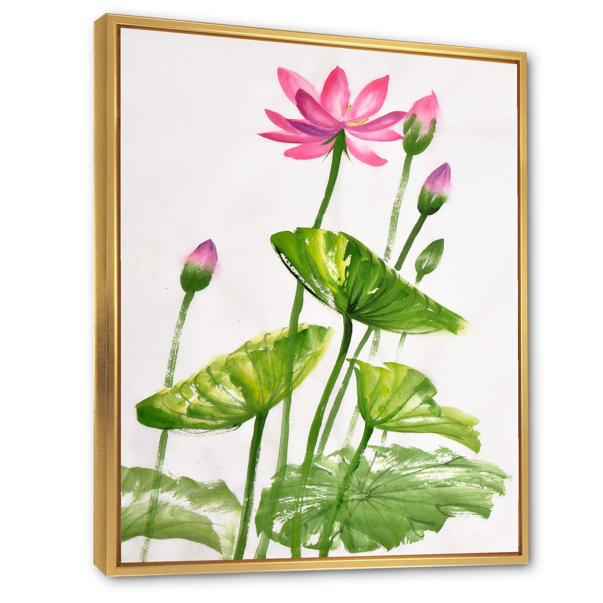 Designart 'Pink Vintage Lotuses In The Pond VII' Traditional Framed Canvas Wall Art Print