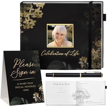 Elegant black 10x8 inch funeral guest book with 120 pages for memorial services.