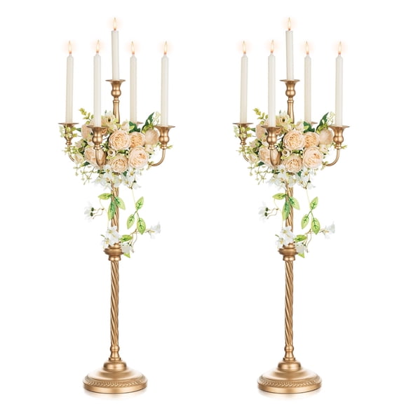 Sziqiqi 35" Tall Gold Floor Candelabra Set of 2: 5-Arm Metal Candle Holder for Taper Candles Candlestick Wedding Event Centerpiece Decor
