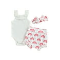 thumbnail image 2 of Infant Baby Girls Clothes Suits Solid Color Ribbed Sleeveless Frills Sling Romper Rainbow Print Shorts Headband 3Pcs Set, 2 of 10