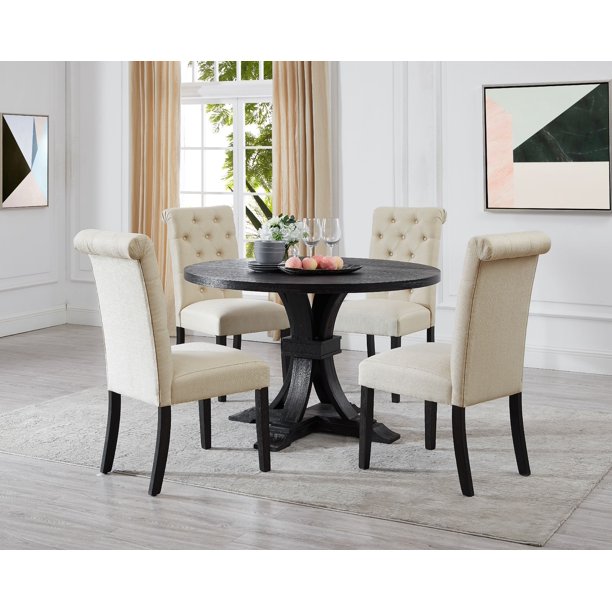 Siena Distressed Black Finish 5Piece Dining set, Pedestal Round Table with Tan Upholstered