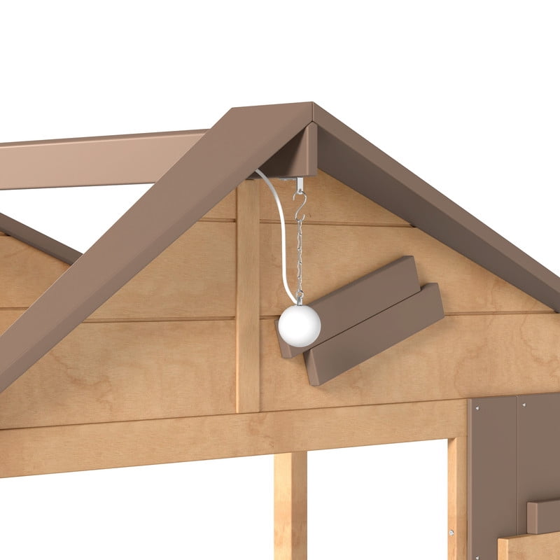 Twin House-Shaped Kid's Bed with Built-in Bookshelf & Light Bulb, Wooden Platform Bed Frame with 2 Drawers & 5 Round Hooks