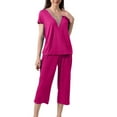 thumbnail image 2 of DecSea Ensembles de Pyjama Capri pour Femmes à Manches Courtes, Deux Pièces, Hauts à Col en V et Pantalons Capri P-2TG, 2 of 7