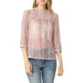 thumbnail image 3 of MODA NOVA Junior's 3/4 Sleeves Ruffle Mock Neck Lace Pullover Tops Pink XXL, 3 of 6