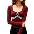 thumbnail image 2 of MYAOYI Womens Coquette Style Lace Trim Top Sweetheart Neck Long Sleeve, 2 of 7