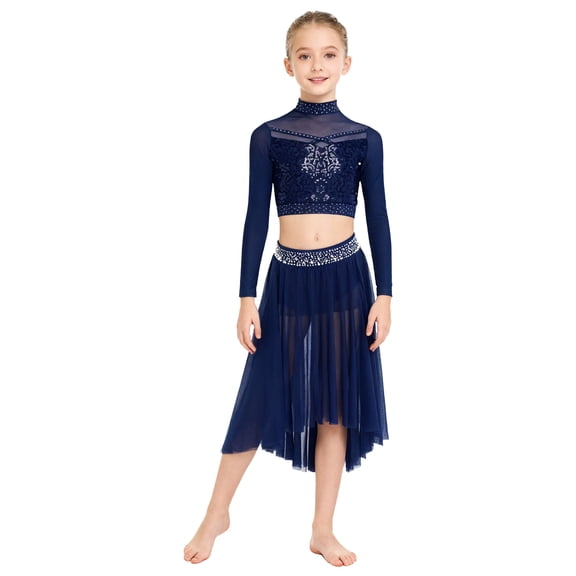 TSSOE 2-piece Lyrical Dance Outfits for Girls Sequined Long Sleeve T-shirt with Chiffon Skirt for Figure Skating Ballet Navy Blue 12