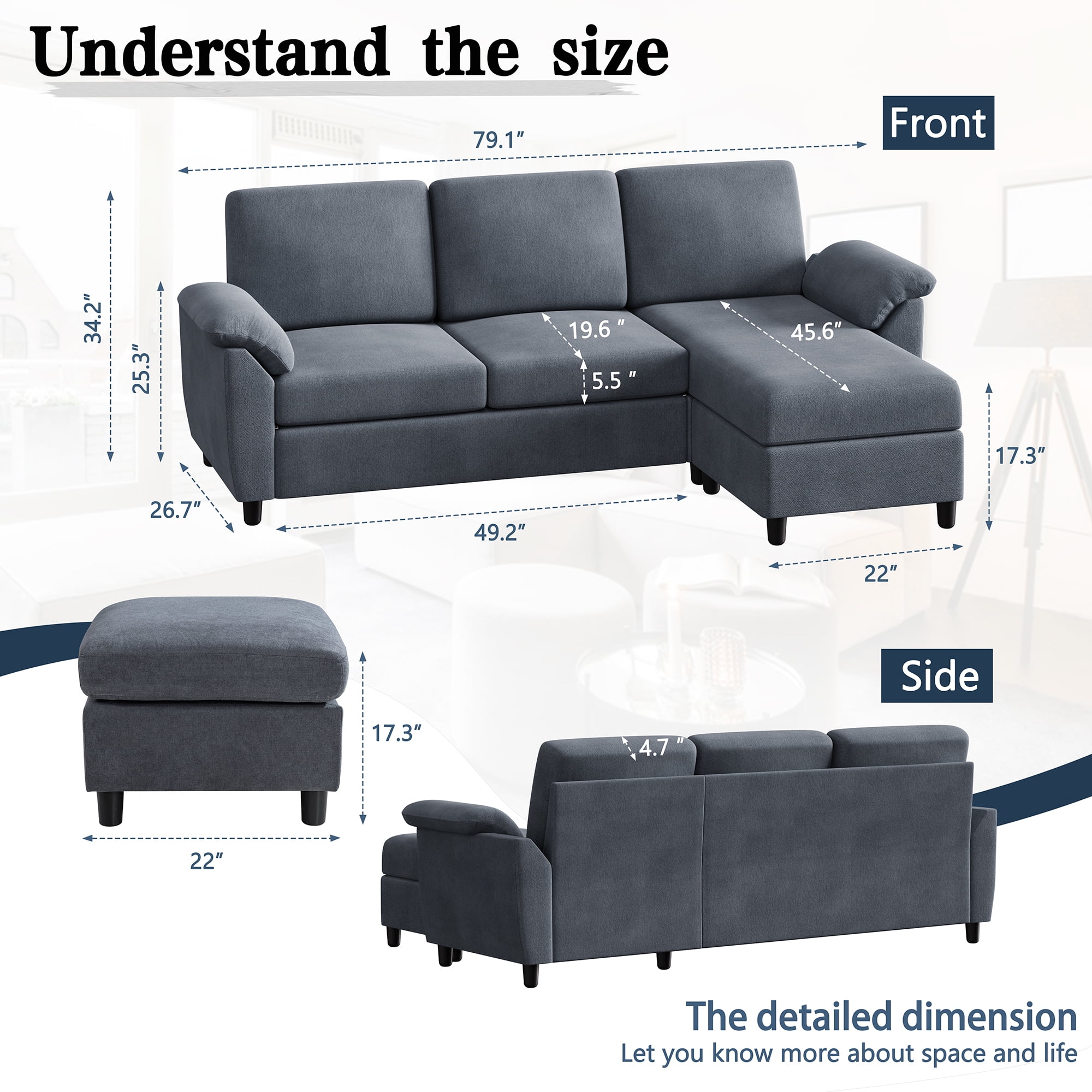 Panana L-Shaped Sectional Sofa - Reversible Chaise, Grey Fabric, For Small Living Rooms & Apartments