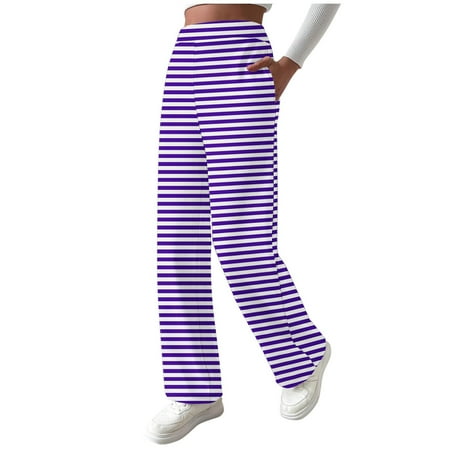 FNFYFH Wide Leg Pants for Women Elastic Waist Fleece Lined Striped Sweatpants Thermal Lounge Yoga Workout Pants with Pockets