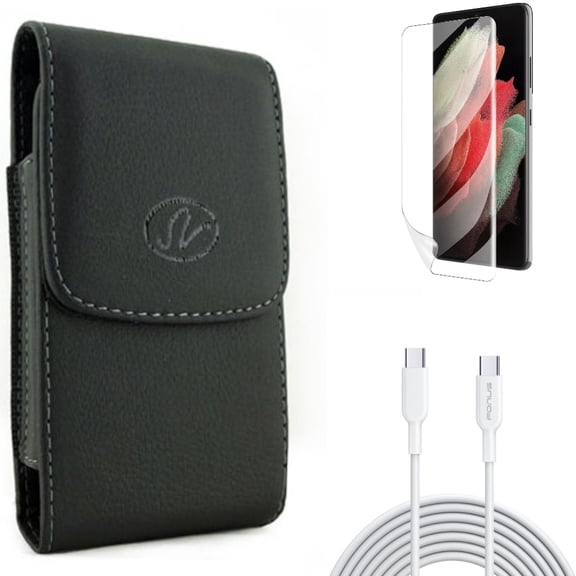 Matte Screen Protector & 6ft Long Type-C Cable & Case Belt Clip for Samsung Galaxy S22 Plus (S22 ) - Combo TPU Film Anti-Glare & PD Fast Charger Cord Power Wire & Leather Holster Cover