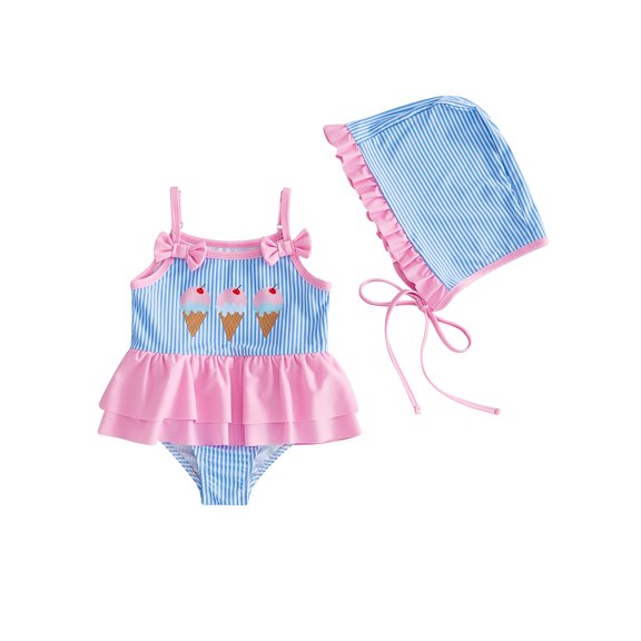 Cenuakty Baby Girl Swimsuit Sleeveless Ice Cream Print Bathing Suit Infant Striped Swimwear with Sun Hat