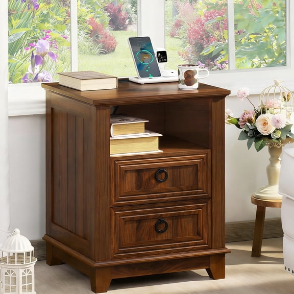LELELINKY 18" Farmhouse Nightstand with Charging Station, 2-Drawer Wood End Table with Open Shelf for Bedroom, Brown