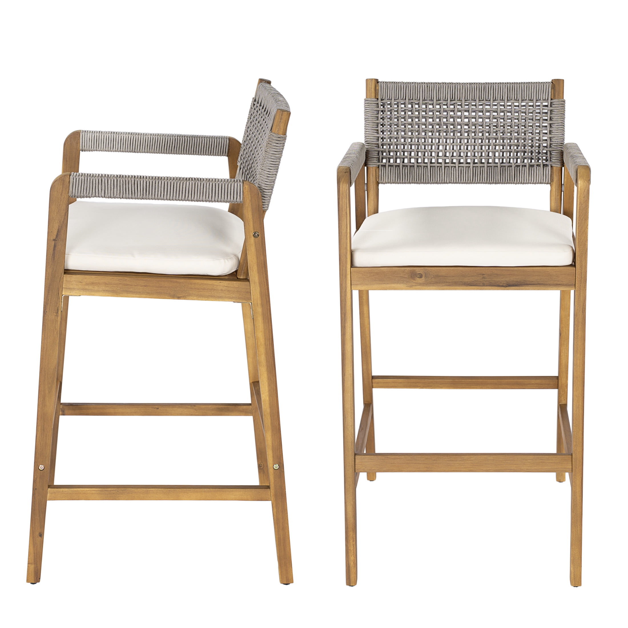 Christopher Knight Home Outdoor Counter Height Bar Stools with Rope Back and Cushions, Gray, Set of 2