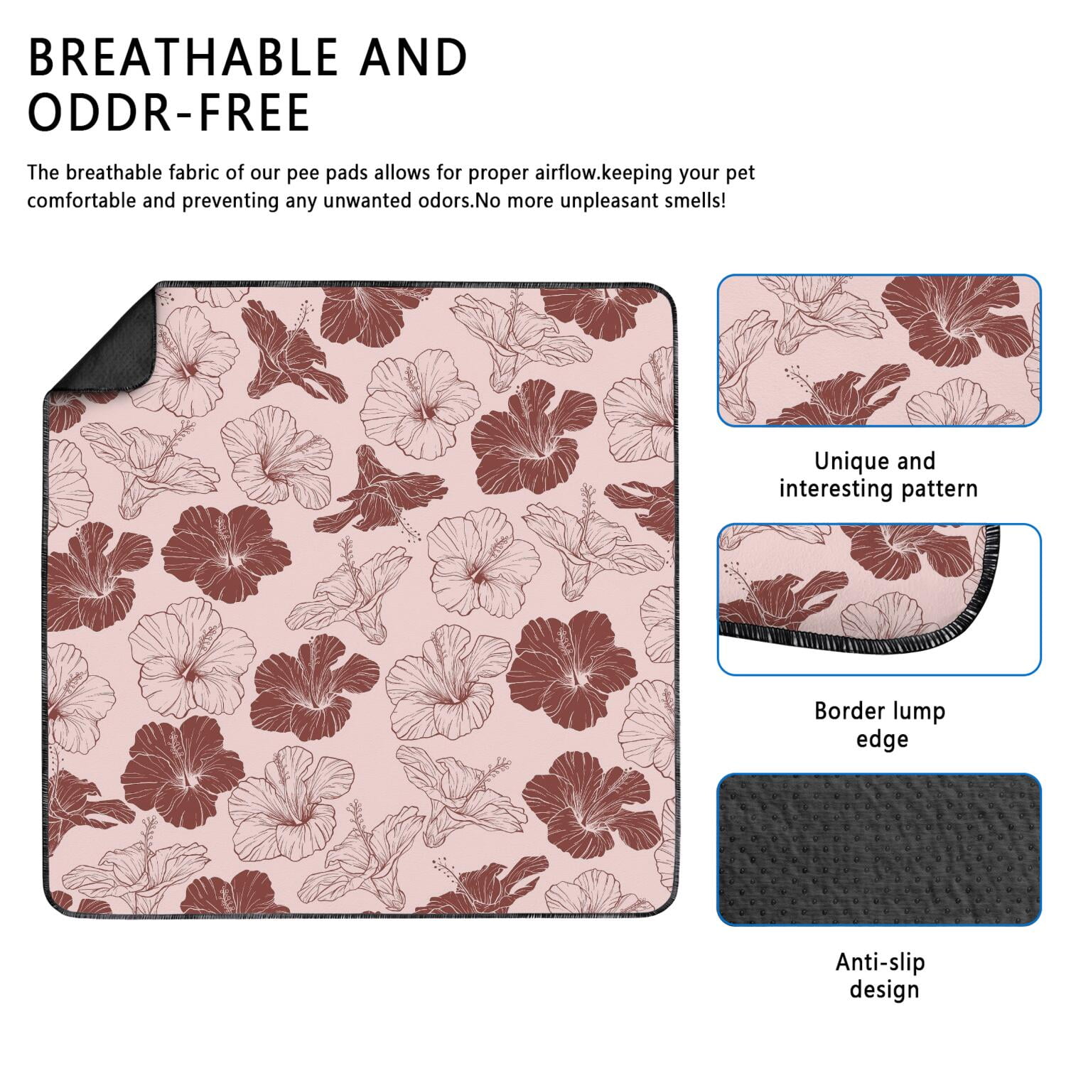 2-Count Extra Large Floral Design Pet Training Mats, Washable Reusable Dog Pee Pads 48x48 Inches, Non-Slip Housebreaking Pads for Large Breed Puppy Indoor Potty Area