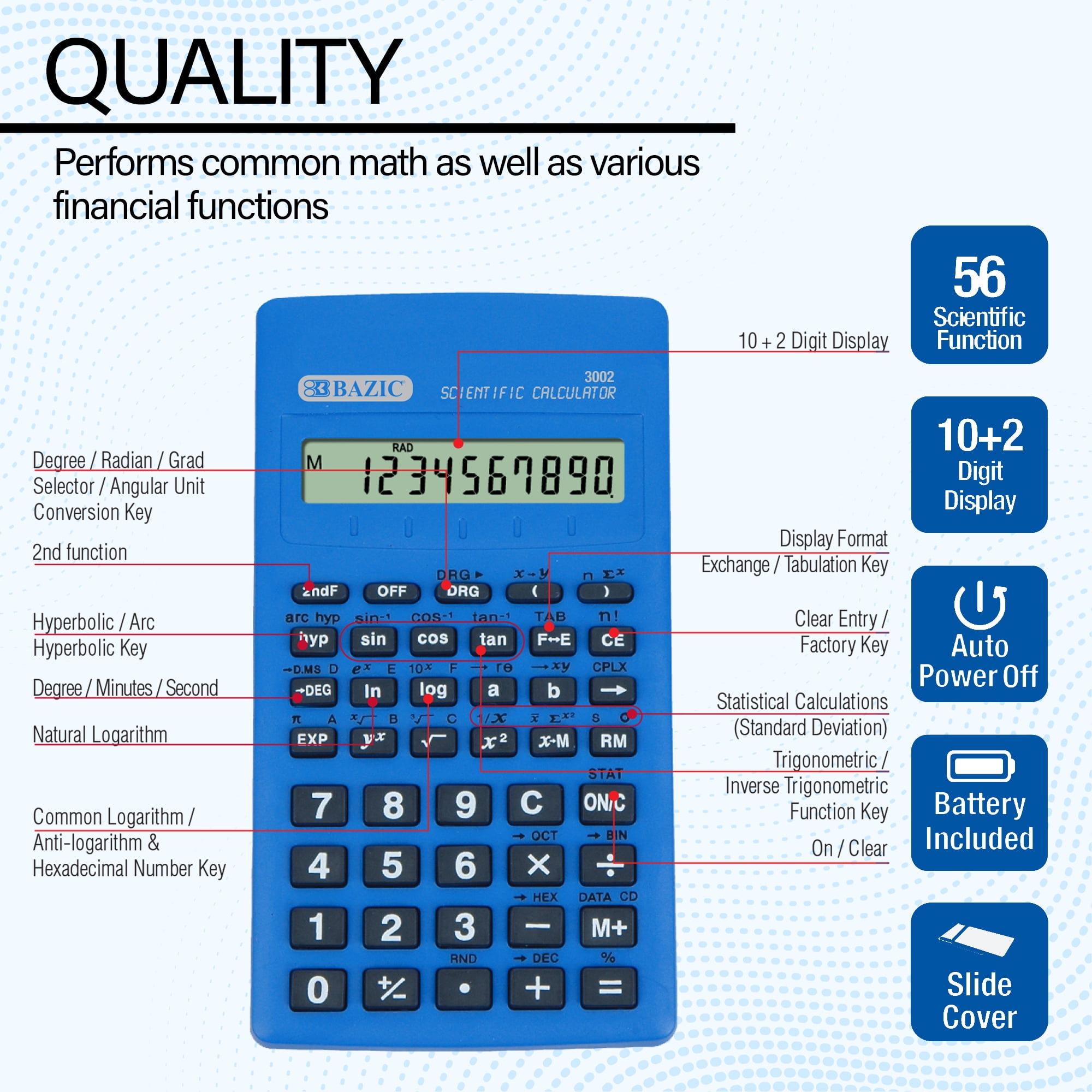 BAZIC Scientific Calculator 56 Function Slide-On Case for Engineering, 12-Pack