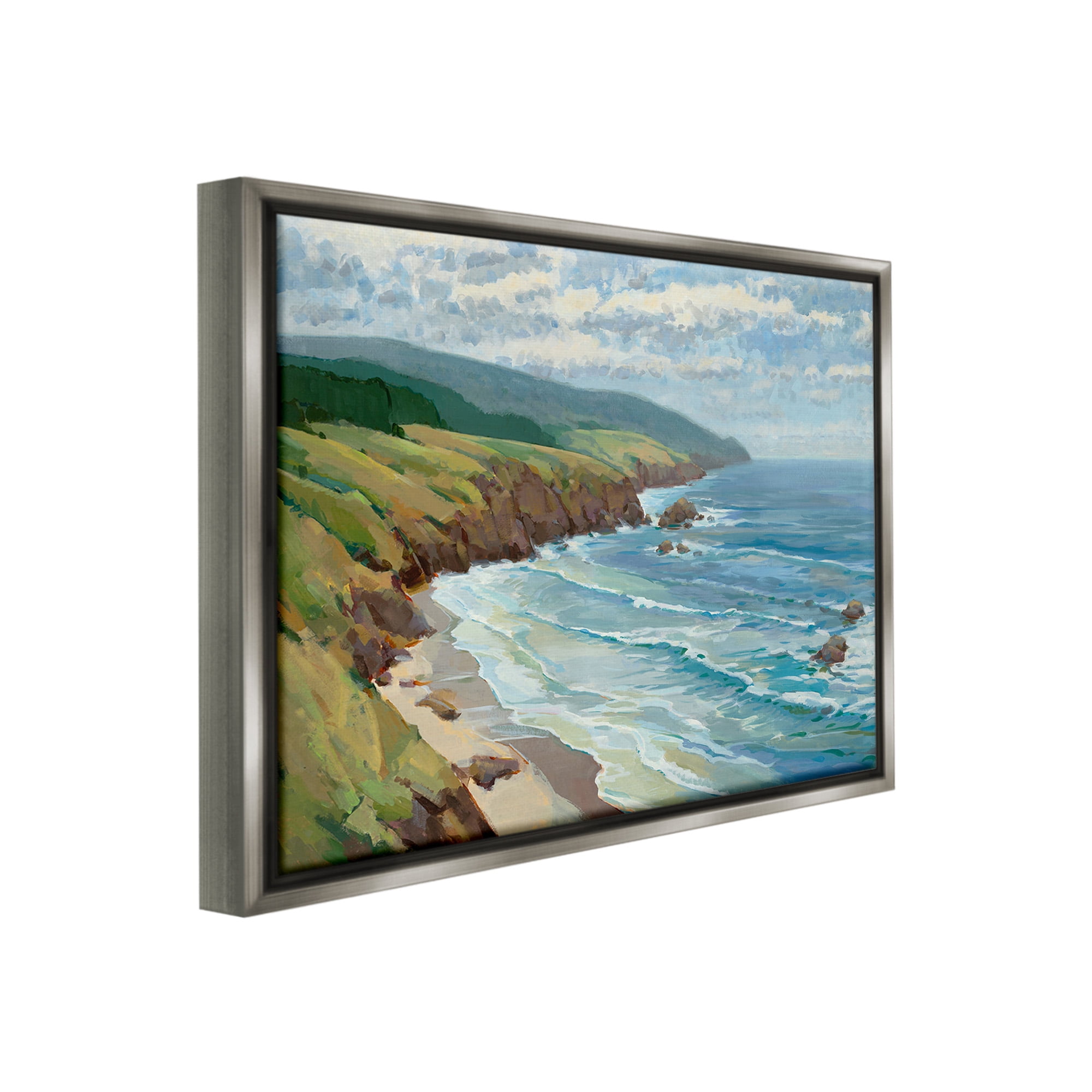 Stupell Industries Overlooking Beach Cliffs Landscape Painting Gray Floater Framed Canvas Art Print Wall Art, 21 x 17