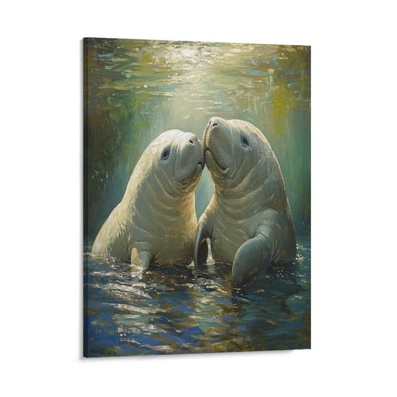 Two Manatees Playing in The Water Canvas Painting Prints 08x10inch Wall Art Pictures Perfect for Home Decor Gifts & Keepsakes Framed