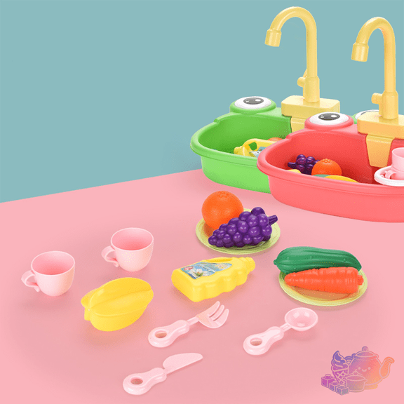 Kids Play Sink Toy with Running Water, Simulation Kitchen Dishwashing Playset with Fake Fruits and Tableware, Kitchen Pretend Play House Toys, Role Play Toy for Kids Ages 3 and Up