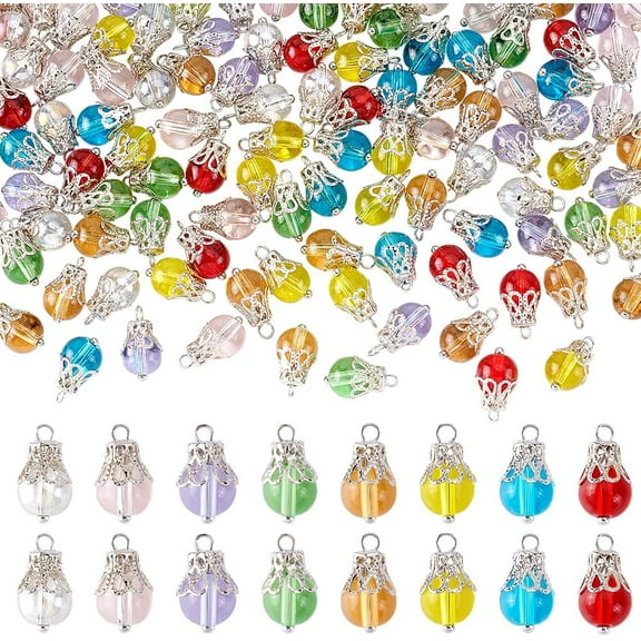 PH 160pcs Dangle Charms Glass Round Beads Charms 8 Color Dangle Bead with Platinum Bead Cap Transparent Beads Pendants for DIY Necklace Earring Jewelry Making colorful