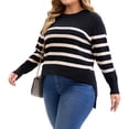 thumbnail image 5 of GRACE & GRANDEUR Women's Plus Size Striped Pullover Sweater Long Sleeve Crew Neck Knit Top with Side Slits 1X Black, 5 of 8