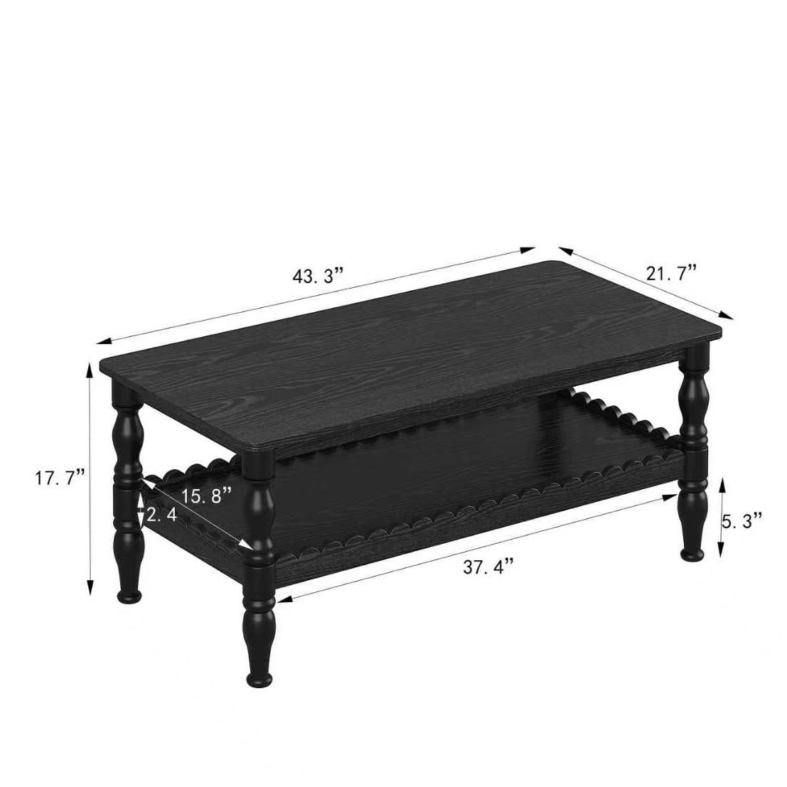 Aukfa 43.3" Modern Wave Edge Coffee Table with 2 Tier Storage Shelf, Rectangle Wood Table with Solid Wood Legs for Living Room,Black