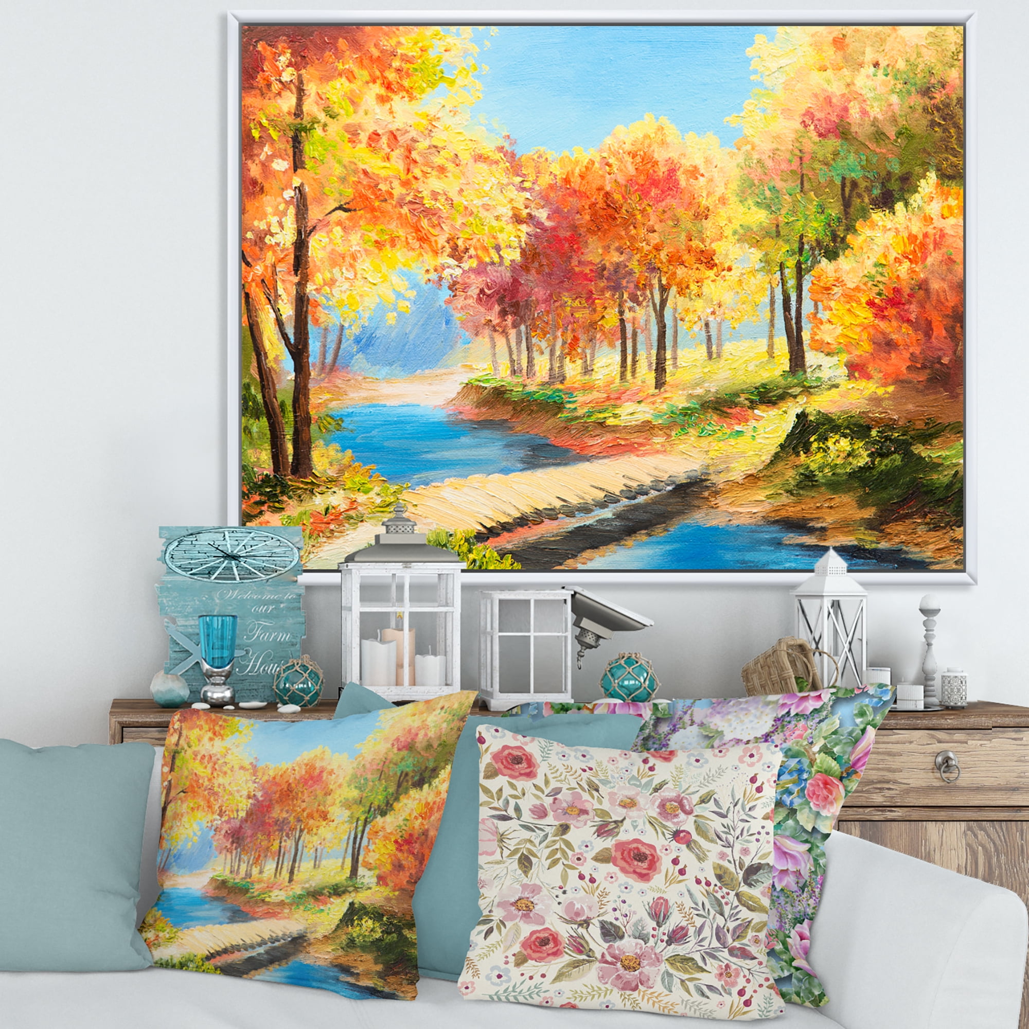 Designart 'Orange and Yellow Trees By The Riverside' Lake House Framed Canvas Wall Art Print