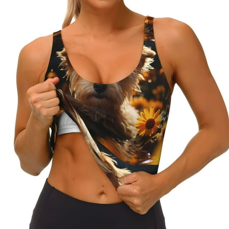 Qokaie Sunflower Cute Puppy Pattern Womens Scoop Neck Sports Bra Breathable Workout Vest Padded U Back Medium Impact Fitness Gym Yoga Bra Workout Crop Top