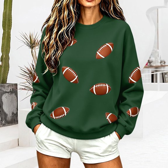 Game Day Sweatshirt Women Long Sleeve Crew Neck Hiking Winter Sports Mom Must Have Football Mom Shirt Tunic Tops Oversized Sunday Funday Sweatshirt Rugby Shirt Womens Baseball Shirt Blackish Green