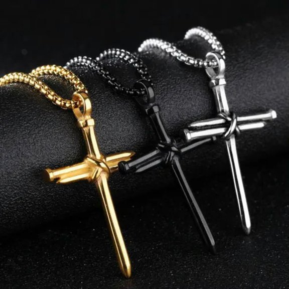 EOEMY Cross Necklace Rolo Chain Pendant Stainless Steel Gold Silver Black Women Men-Black