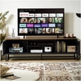 thumbnail image 2 of Mid Century Modern TV Stand with Slatted Grille Doors, 63" Entertainment Center with Storage, Black and Brown Media Console for Living Room or Bedroom, 2 of 10