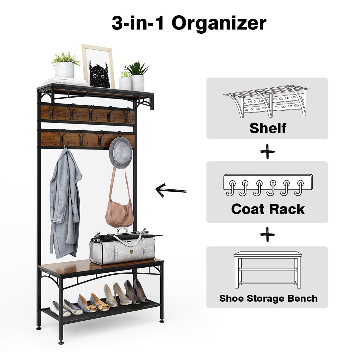 3 in 1 Storage Shelf for Entryway Lovinland Coat Rack with Shoes Storage Bench,Hall Tree Entryway Storage Shelf