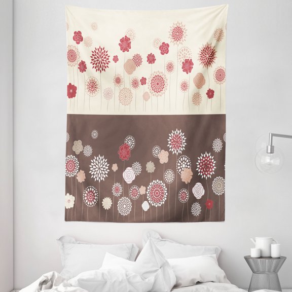 Floral Tapestry, Floral Ornate Spring Meadow Blossoms Pattern Artistic Seasonal Composition, Wall Hanging for Bedroom Living Room Dorm Decor, 60W X 80L Inches, Umber Beige Ruby, by Ambesonne