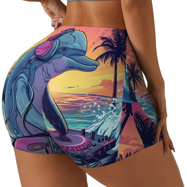 Fotbe Hip-Hop DJ Dolphin Shorts Sin Costuras – Shorts Deportivos de Cintura Alta para Mujer, Elásticos para Gimnasio, Yoga, Running o Ciclismo-X-Large