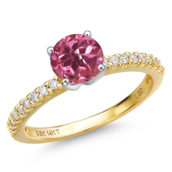 Gem Stone King 14K Two Tone Gold Pink Tourmaline and Lab Grown Diamond Engagement Ring for Women | 0.68 Cttw | Round 5MM | Gemstone October Birthstone | Size 7