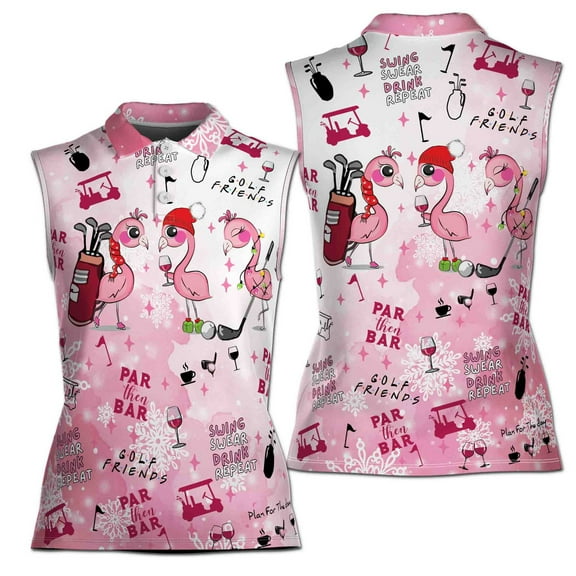 Flamingo Golf And Wine Christmas Golf Team Funny Women Sleeveless Polo XS-4XL