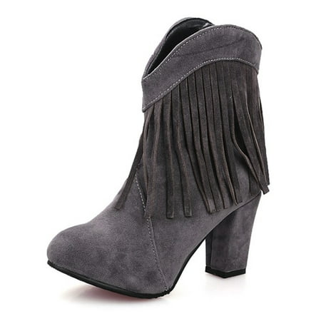 

Crocowalk Ladies Casual Tassel Block Heels Bootie Walking Anti-Slip Ankle Boots Heel Grey 4.5