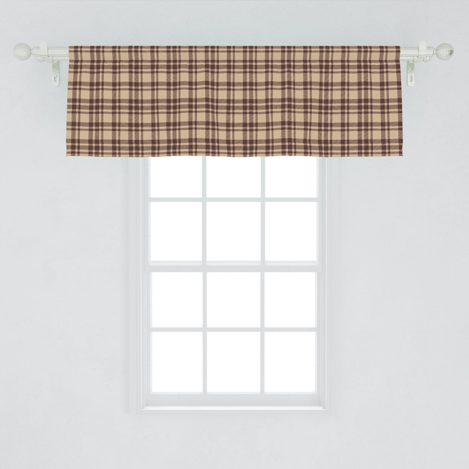 Tan and Brown Window Valance, Old Fashioned Check Plaid Pattern