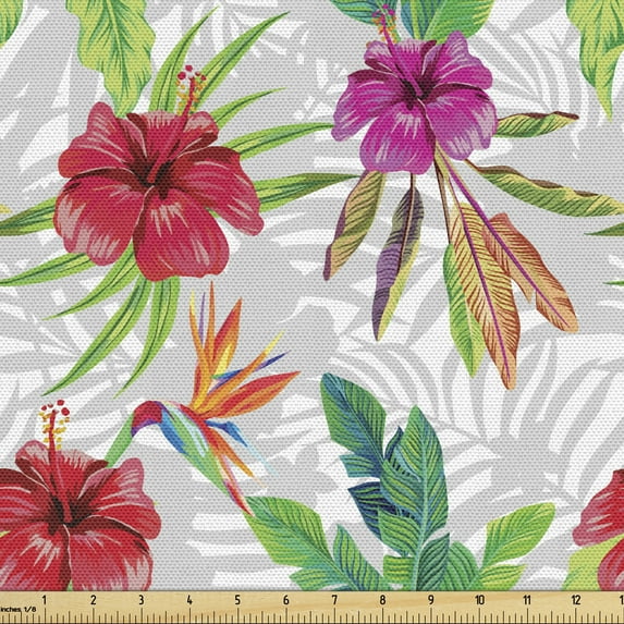 Jungle Upholstery Fabric by the Yard, Hibiscus and Bird of Paradise with Banana Leaves on Grey and White Foliage Backdrop, Decorative Fabric for DIY and Home Accents, 2 Yards, Multicolor by Ambesonne
