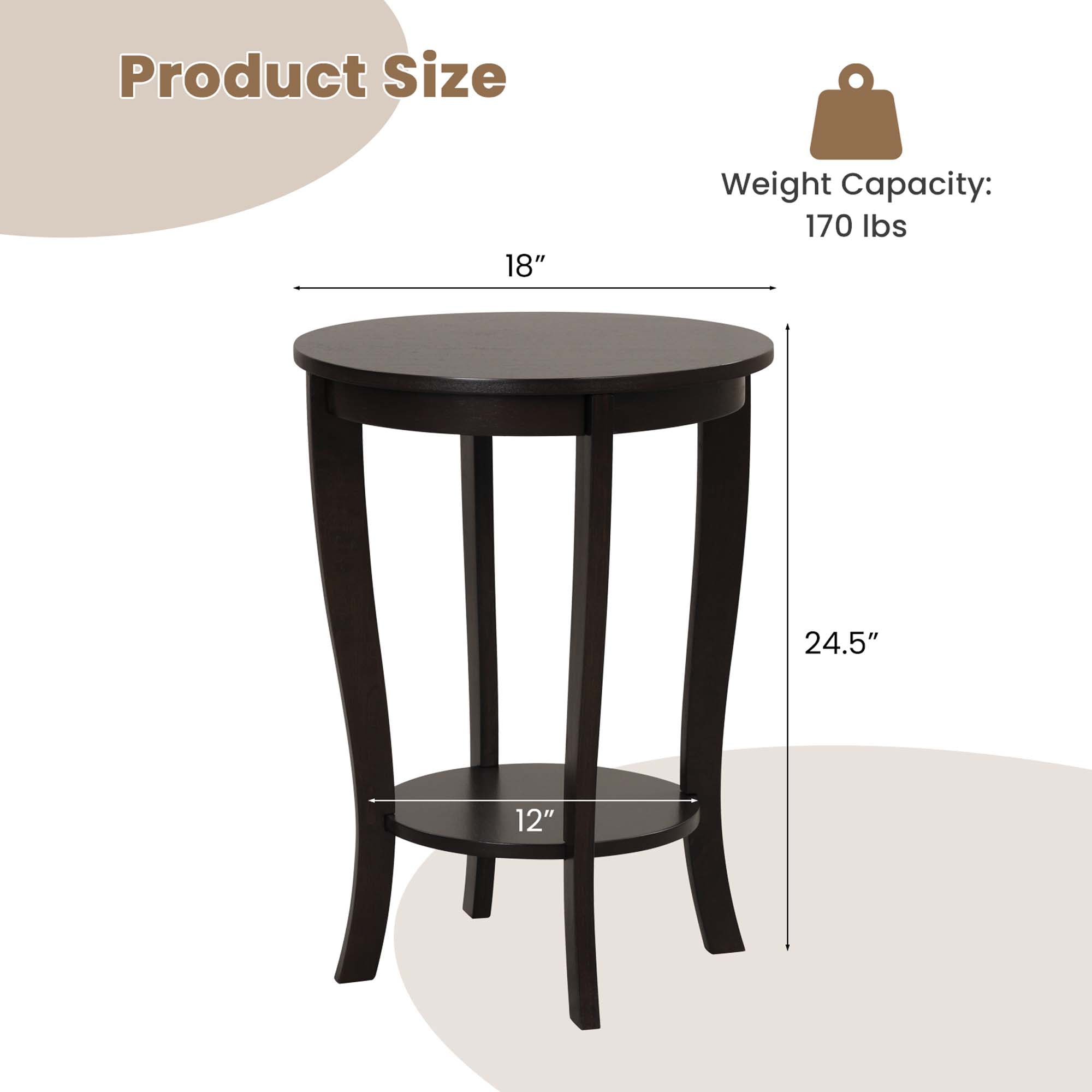 Costway 2 PCS 2-Tier End Table 18'' Round Compact Sofa Side Nightstand with Storage Shelf Espresso