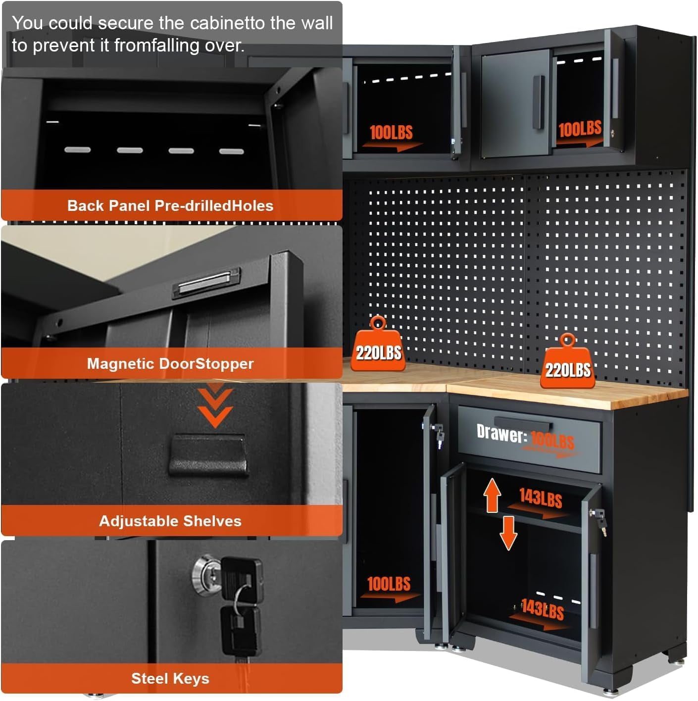 HPDMC Garage Storage Cabinet System 8-Pcs Garage Cabinets and Storage System Corner Workshop Set with Corner Cabinet, Cabinet Drawers, Workbench, Pegboard for Tool Organization, Black and Grey