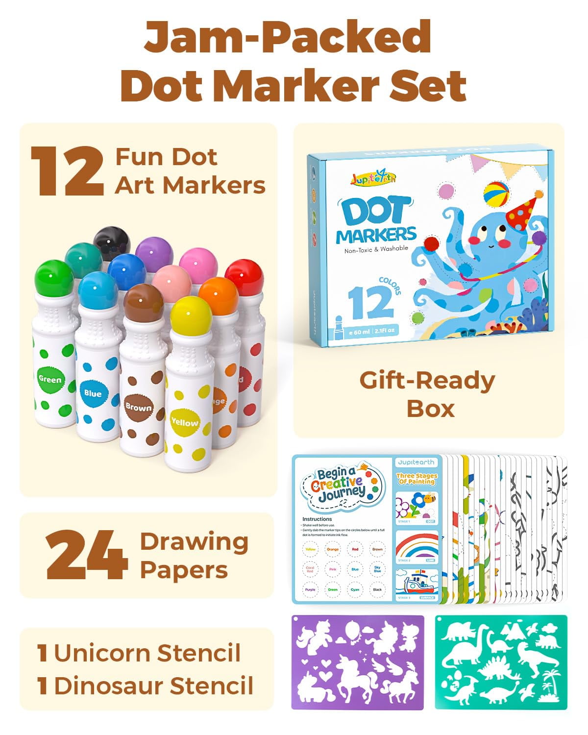Jupitearth 38Pcs Arts Crafts & Sewing,Art Supplies,Art Markers & Pens,Washable Dot Markers for Toddlers 1-3 Game Markers for Kid