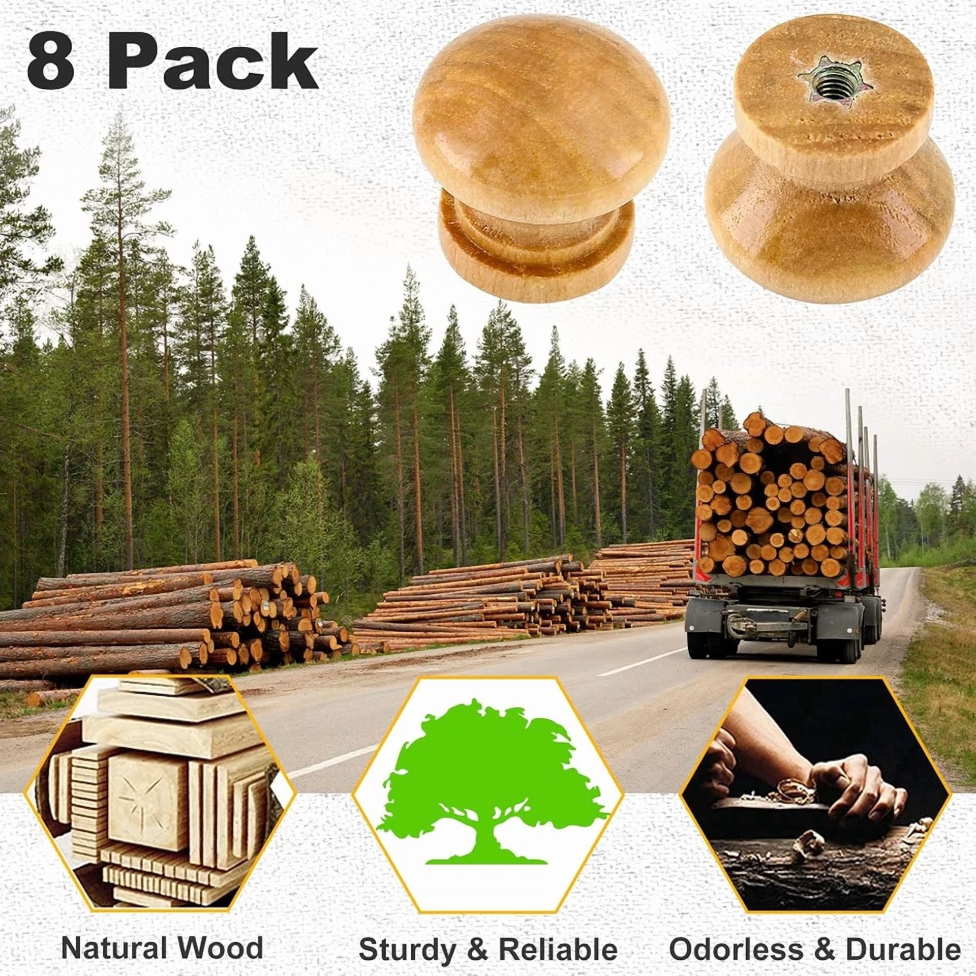 Luomorgo 8 Pcs Natural Wood Dresser Knobs, Round Wooden Cabinet Knobs, Mushroom
