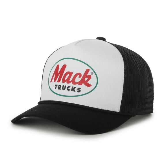 Mack Trucks Logo Structured Mesh Back Trucker Hat, White & Black, Adjustable Snapback