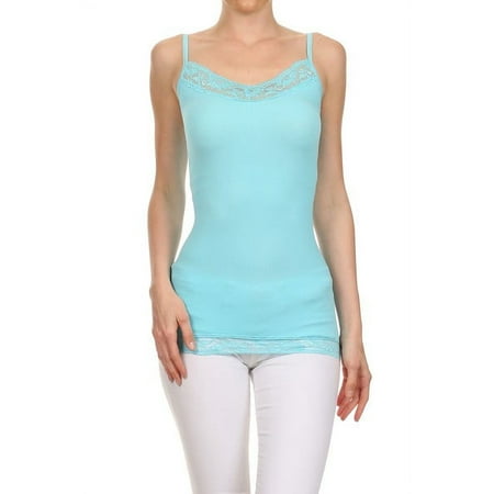Women's Spaghetti Lace Trimmed Long Tank Top - Candy Blue